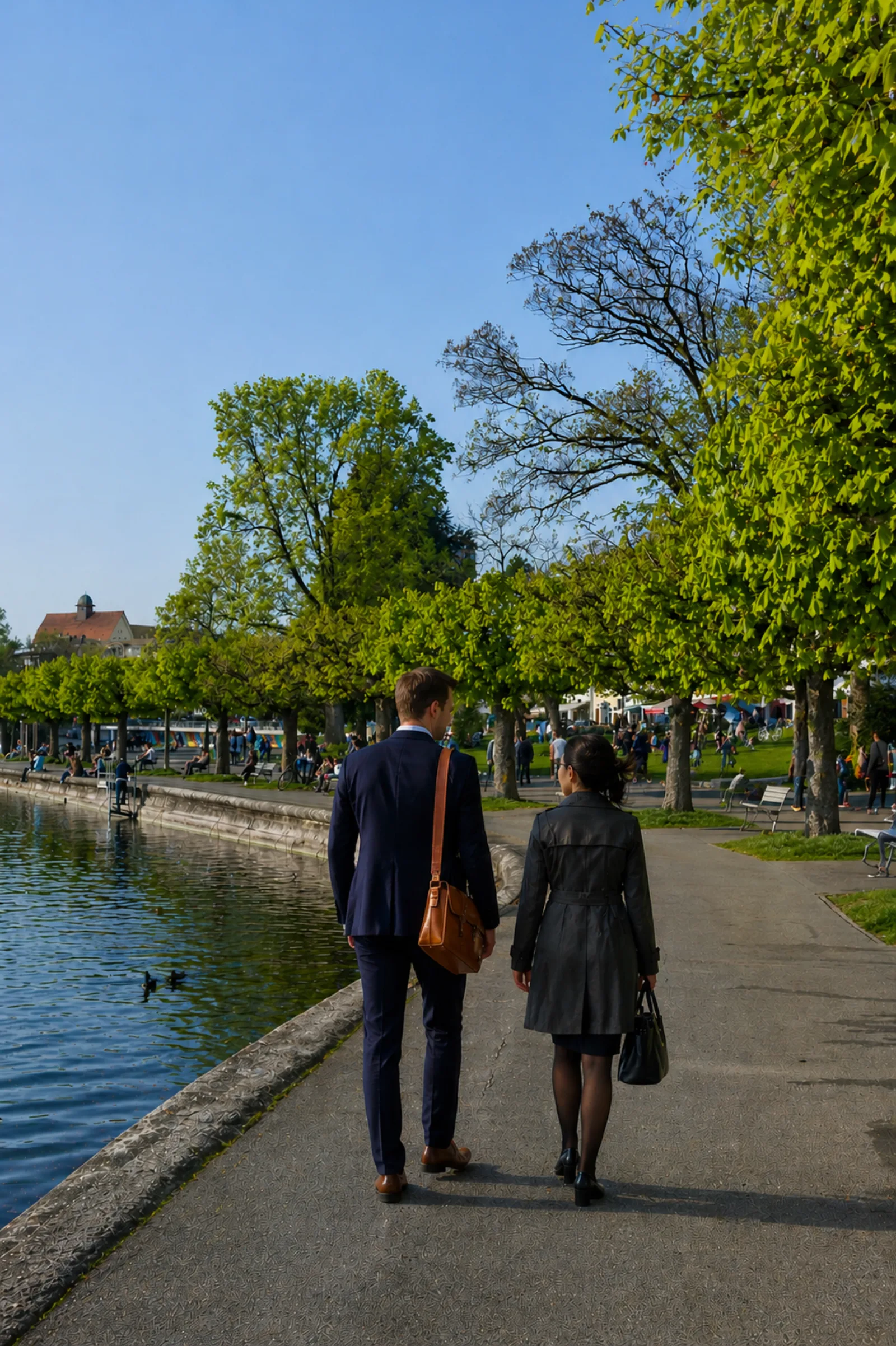 Professionals along the Zug lakeside promenade