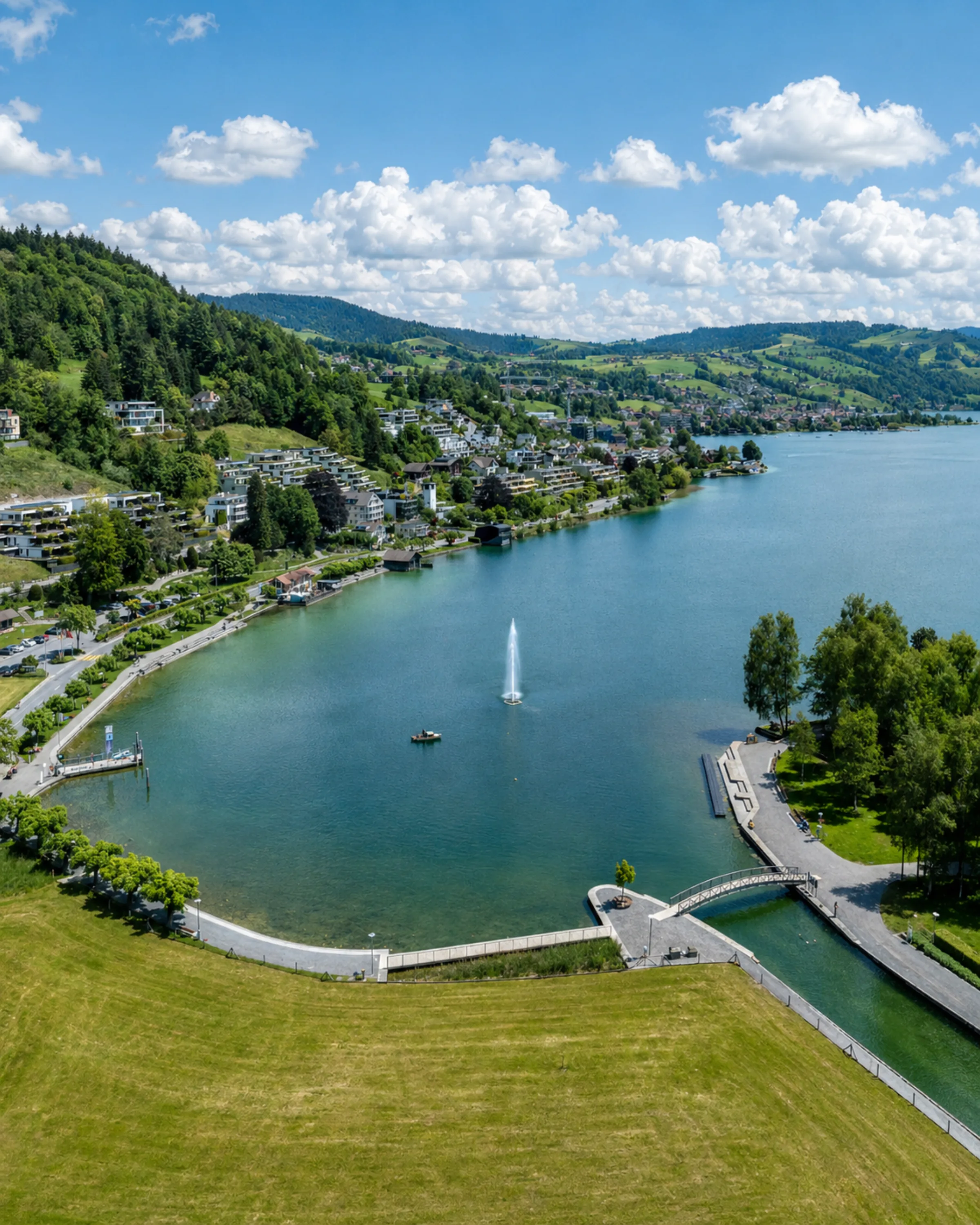Aerial view of Lake Aegeri surrounded by alpine meadows