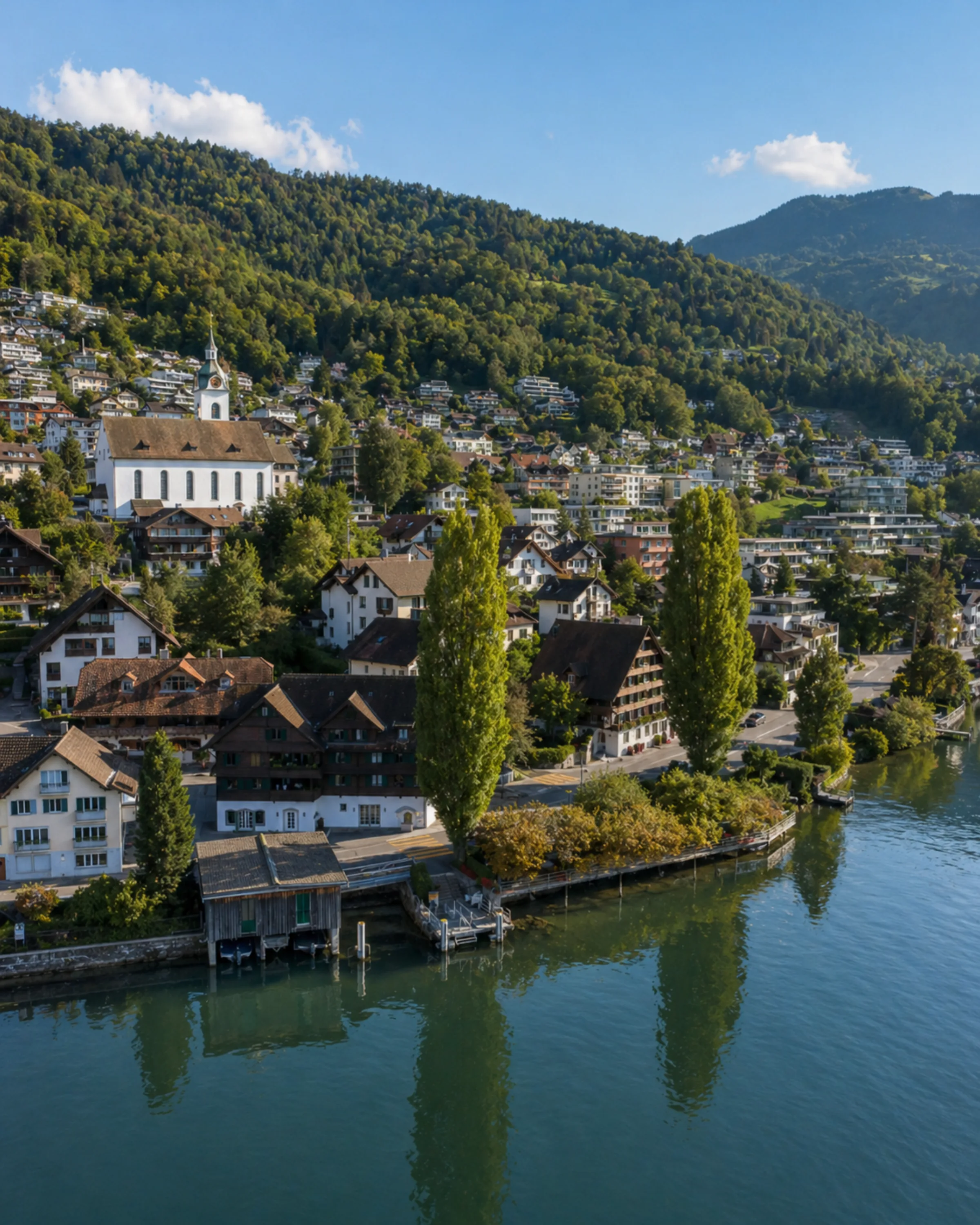 Walchwil on the shore of Lake Zug with Mediterranean vegetation