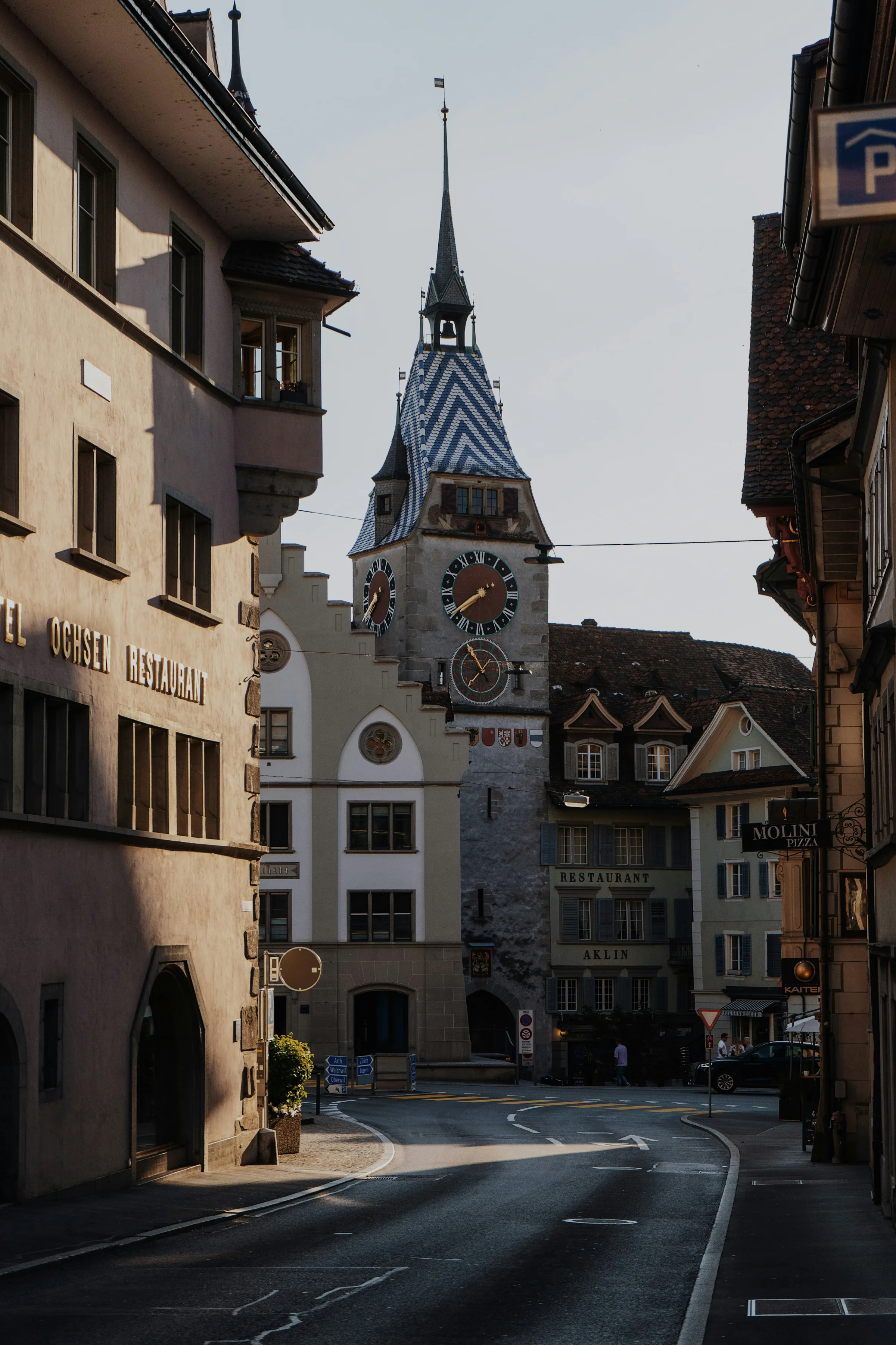 Zug old town historic cobblestone street with lake view